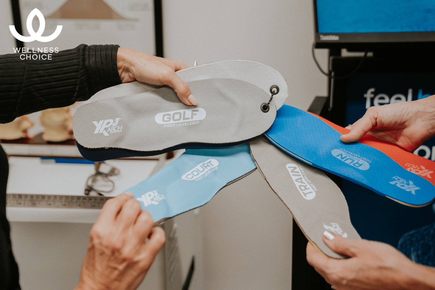 Foot Levelers custom orthotics displayed at Wellness Choice in Costa Mesa, California
